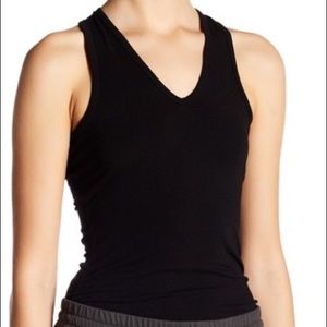 EUC James Perse Black v Neck Burnout Tank Top Size 1 Small ruched sides